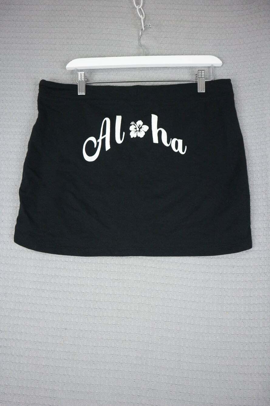 Black Knit Drawstring Mini Skirt with Aloha Graphic Back Made in USA Y2K